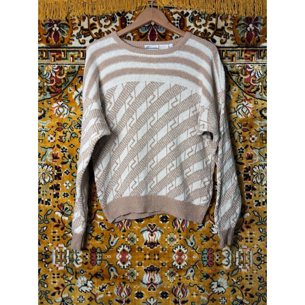 Vintage 90s Soft Silk Cotton Geometric Knit Sweater Neutral Taupe M Peninsula